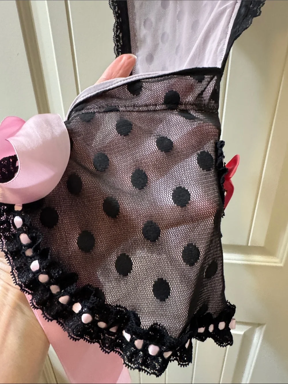 Victoria’s Secret Black Polka Dot Mesh Chemise with Pink Satin Bows 34B